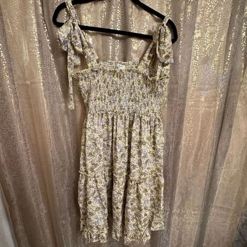 Umgee Yellow Lavender Buttercup Bloom Floral Smocked Mini Dress Medium